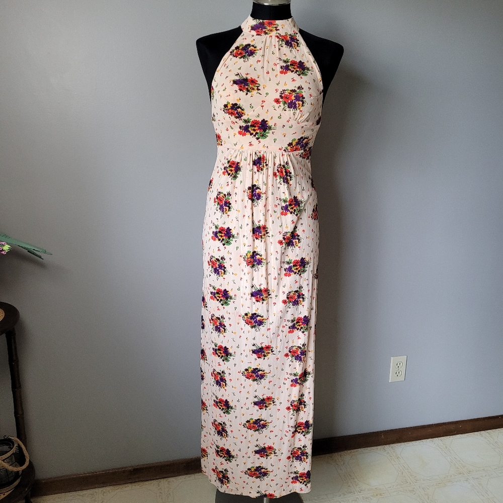 Vintage peach floral maxi dress 70s floral maxi dress halter neckline dr…